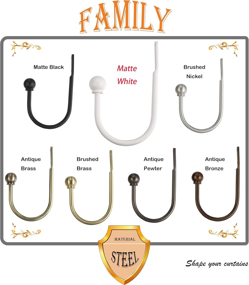 ARNORX Curtain Holdbacks, Hooks, 2 PCS，Solid Steel Hooks, Decorative French Ball End, Curtain Drapery Holdbacks, Wall Mounted, Curtain Tiebacks, White - Image 5